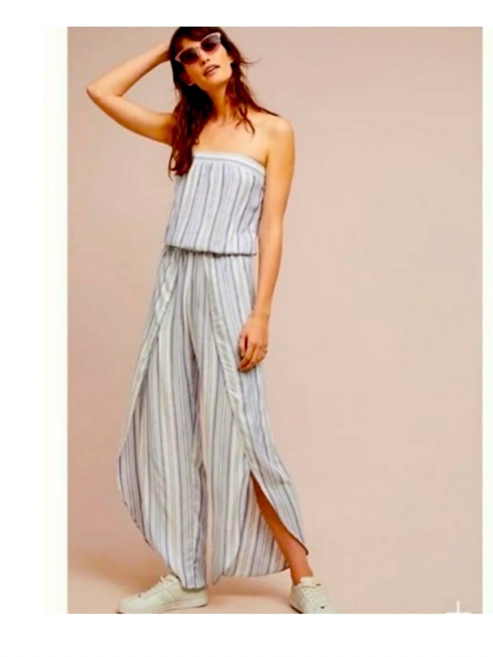 Anthropologie Samantha Dru Blue & White Strapless Wide-Leg Jumpsuit size small